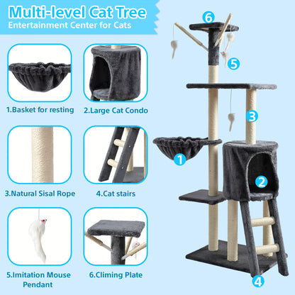 Cat Tree Tower Multi-Level with Cat Bed, Condo & Sisal Scratching Post – 3 or 4 Tier Indoor Cat Tree for Large Cats, Kitten & Senior Cats, Modern Cat Furniture with Teaser Toys & Climbing Perch