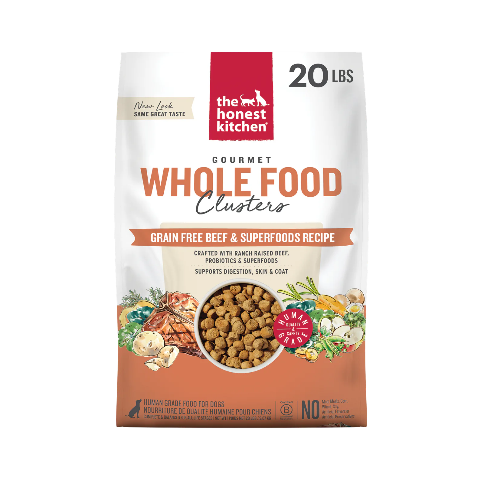 Grain Free Beef Dry Dog Food Made from Whole Food Clusters for Complete Daily Feeding and Training, 20 lb