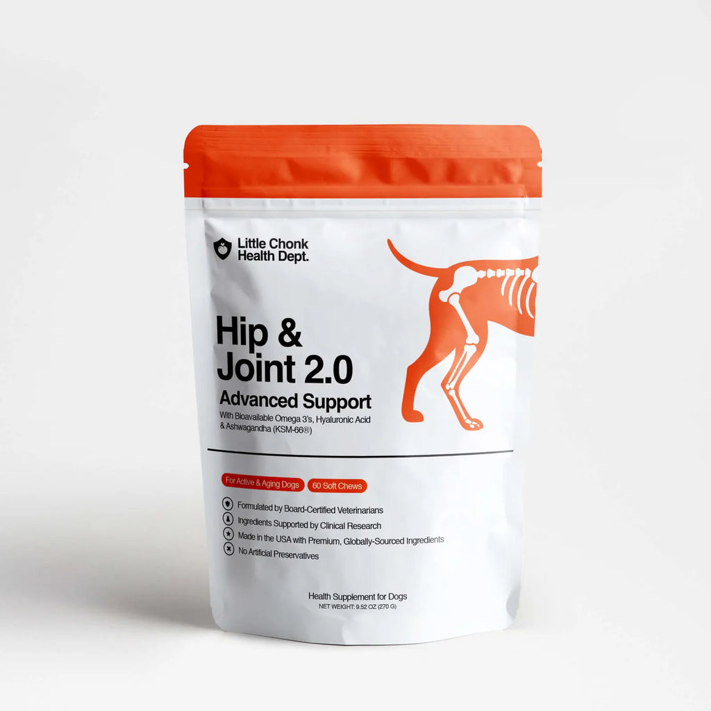 White and orange resealable pouch of little chonk health dept hip and joint 2.0 advanced support supplement