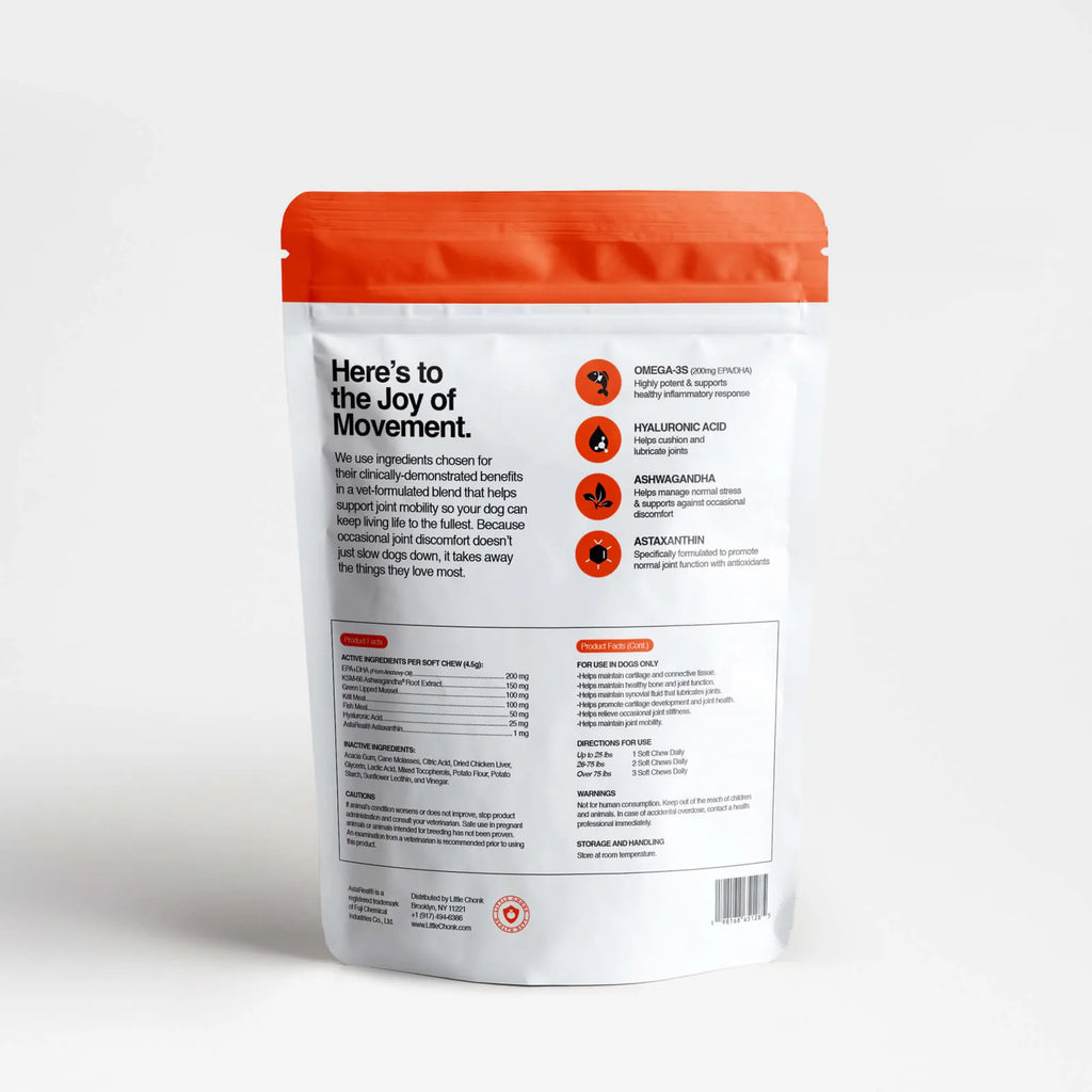 White and orange resealable pouch of hip and joint 2.0 advanced support dog chew treats for joint health