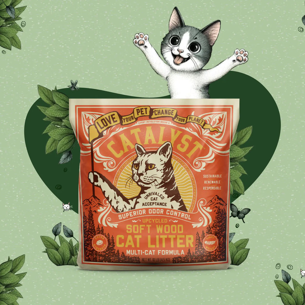 Front of the Catalyst Multi-Cat Formula upcycled soft wood cat litter bag