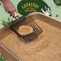 Hand using the wide-slatted Catalyst scoop to sift a clump out of a litter box filled with Catalyst soft wood litter
