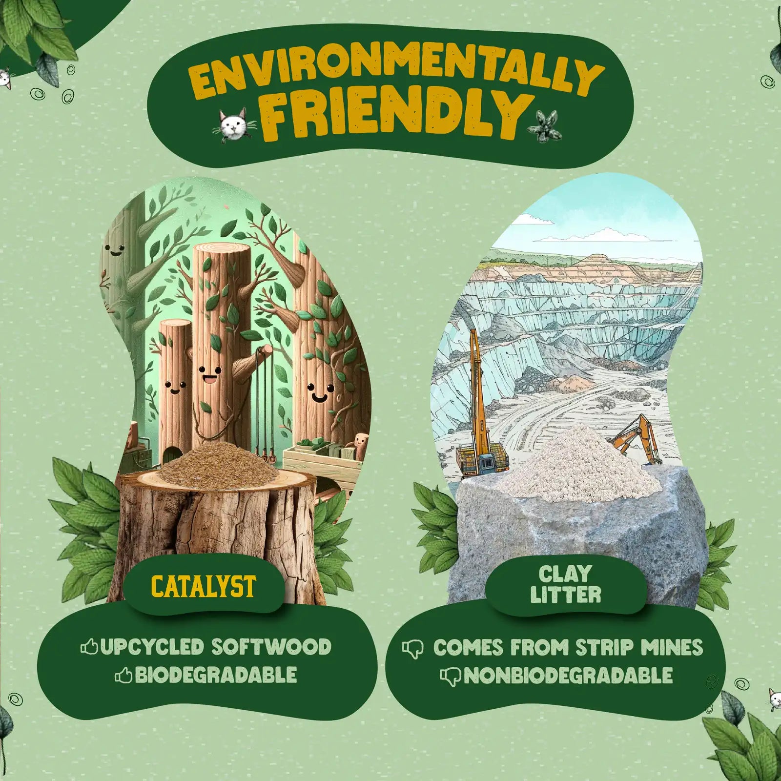Infographic comparing Catalyst, made from upcycled biodegradable softwood, with clay litter that comes from strip mines and is non-biodegradable