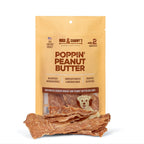 Front view of Poppin’ Peanut Butter jerky bag showing the ‘only 2 ingredients’ claim and jerky pieces on a white background