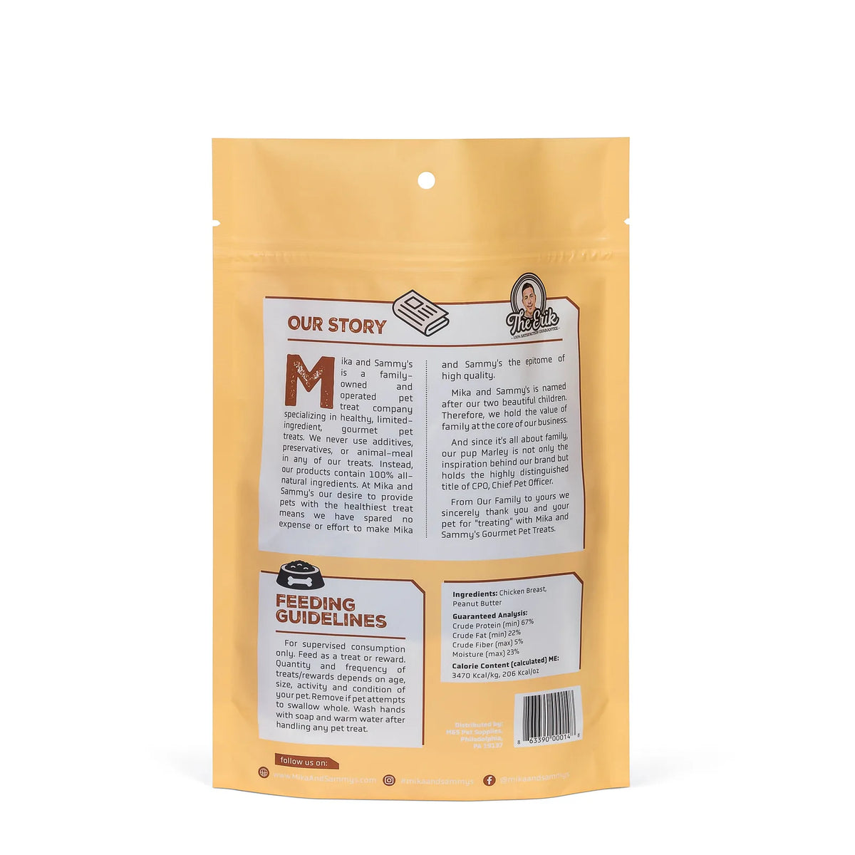 Back of Poppin’ Peanut Butter pouch showing Our Story and Feeding Guidelines labels and ingredients panel on white background