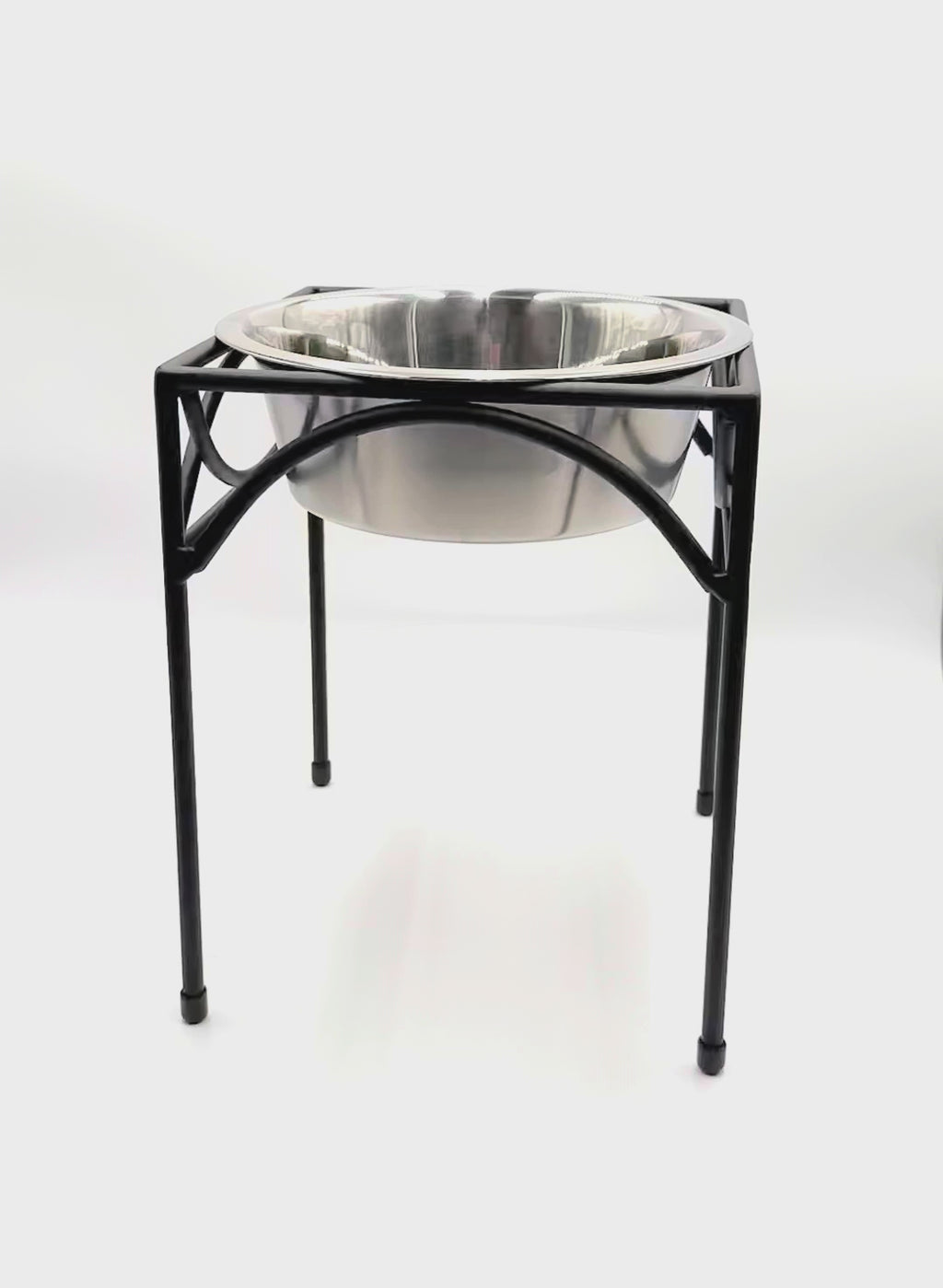 Raised Single Dog Bowl Stand in Black Wrought Iron for Quiet Stable Feeding, Available in Three Heights product demonstration video