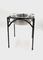 Raised Single Dog Bowl Stand in Black Wrought Iron for Quiet Stable Feeding, Available in Three Heights product demonstration video