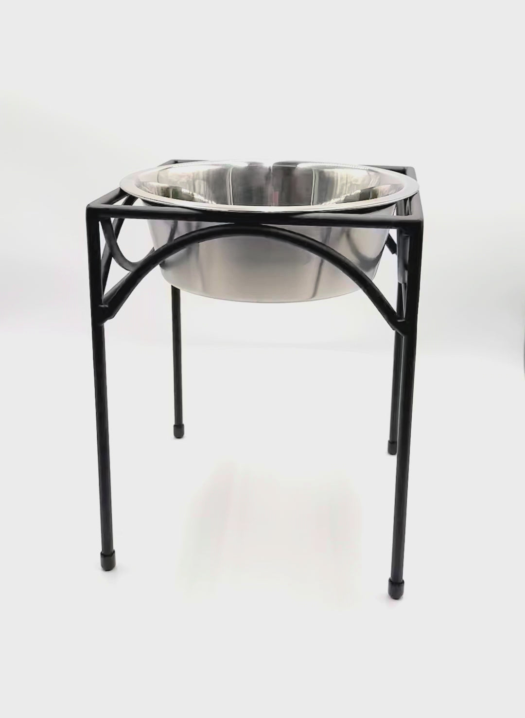 Raised Single Dog Bowl Stand in Black Wrought Iron for Quiet Stable Feeding, Available in Three Heights product demonstration video