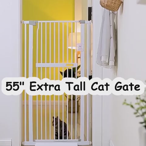 Extra-Tall Cat Safety Gate, 55 or 61 Inch Pressure-Mounted Steel Barrier with Narrow 1.3 Inch Bar Spacing product demonstration video