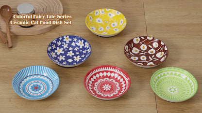 Ceramic Cat Bowls Set of 6 – Shallow Wide Cat Food Plate Whisker Friendly with Non-Slip Mat, Fairy Tales Colorful Design, 5.75" Microwave & Dishwasher Safe Cat Dish 8.5oz