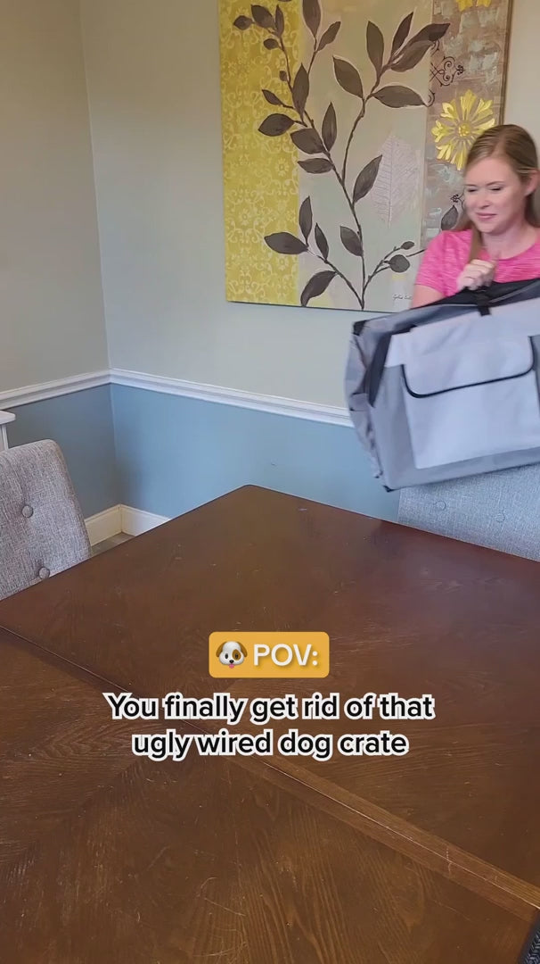 Foldable Soft-Sided Travel Dog Crate with Shades and Seatbelt Loops product video