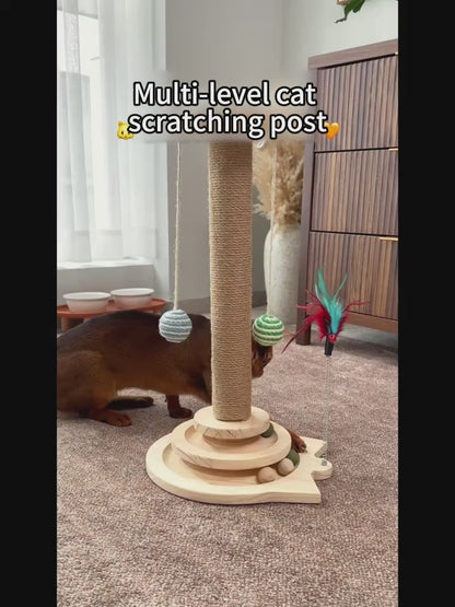 Multi-Level Sisal Cat Scratching Post 4-in-1 with 6 Wooden Balls 2 Hanging Balls & 2 Feather Teaser Toys - Premium Thickened Sisal Anti-Slip Base for Indoor Cats M L XL + Replacement Pillars