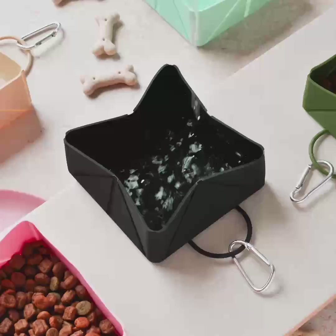 Black Collapsible Dog Travel Bowl, 600 ml Food-Grade Silicone Dish with Carabiner for Walks and Trips product demonstration video