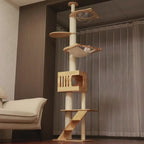 Adjustable Floor-to-Ceiling Cat Tree, Rubberwood Climbing Tower with Hammock in Five Height Ranges for Large Cats product demonstration video