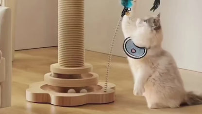 Sisal Cat Scratching Post with Hanging Ball & Turntable Interactive Toy 18.1 Inch - Sturdy Non-Slip Base Suction Cup Bottom for Kittens & Adult Cats, Furniture Protector Scratcher