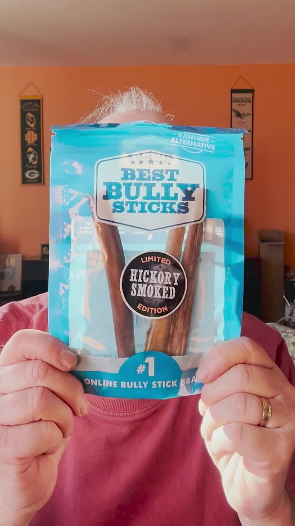 Six-Inch Hickory-Smoked Beef Bully Sticks for Dogs in 3, 6 and 15 Pack Sizes for Supervised Chewing product demonstration video