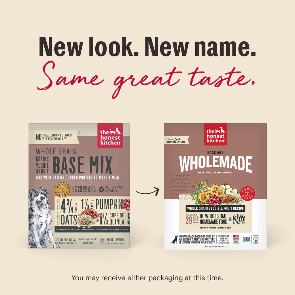 New Look. New Same. Same Great Taste. As we switch our packaging, you may receive either option at this time. | Wholemade Base Mix Whole Grain Veggie &amp; Fruit Dehydrated Dog Food from The Honest Kitchen